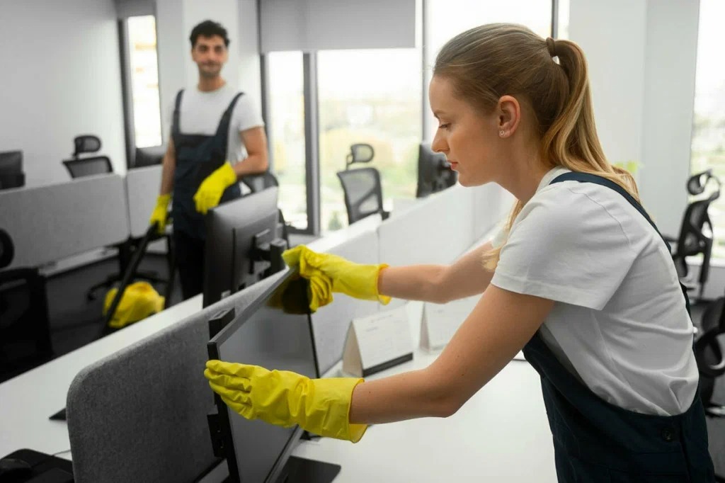 professional office cleaning perth team disinfecting workstations and desks