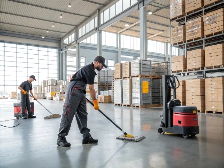 • warehouse cleaners perth using ride-on scrubber in storage facility